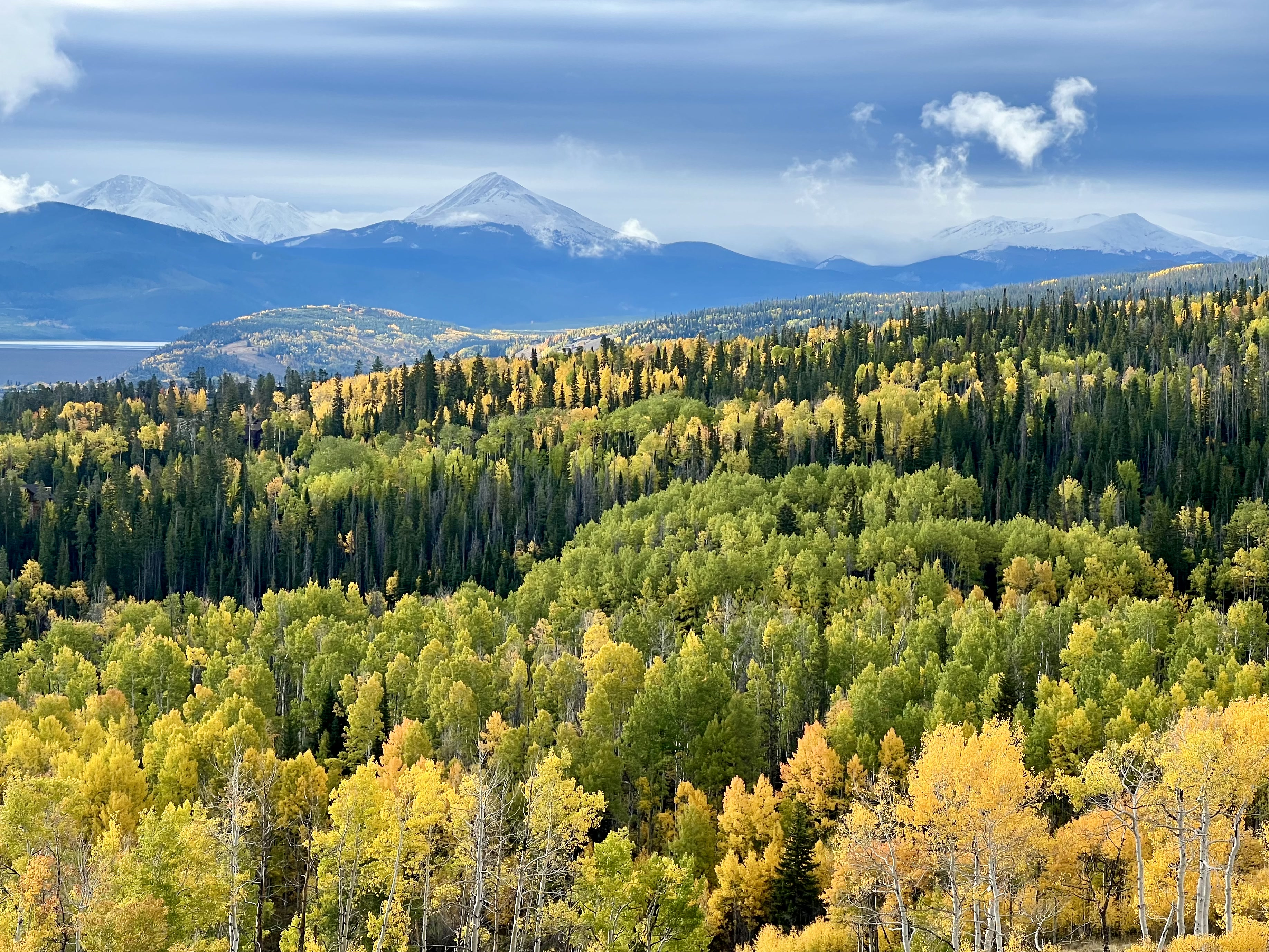 A snow-capped mountain peak above a vibrant valley of green and golden autumn forest